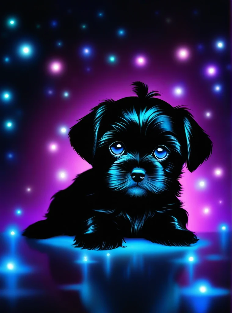 Black sih tzu puppy with glowing big bright blue eyes,in the style of dark reflections,background is My Little Pony,by Robby Cavanaugh,bunnyfilshnet, best quality, masterpiece, highres, absurdres, incredibly absurdres, huge filesize, wallpaper, colorful,8K,RAW photo