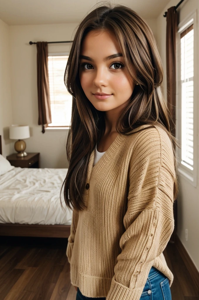 Girl with brown hair and brown eyes inside room 