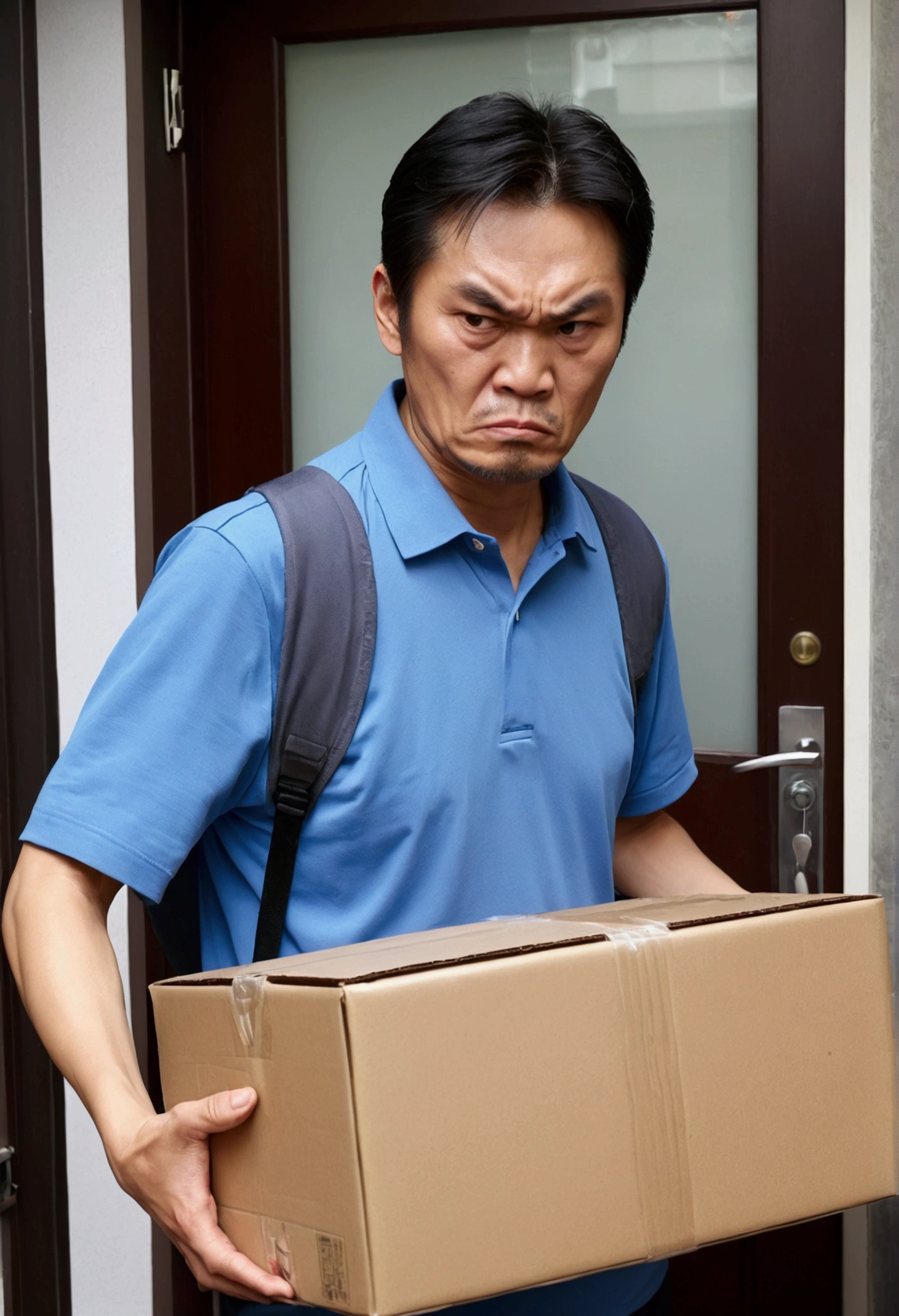 Delivery man gets angry at middle-aged woman、entrance、apartment、Highest quality、photo、Troubled delivery person
