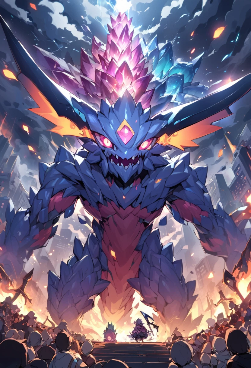 Cute Crystal Monster, Beautiful brightness and high quality of 8K with attention to detail From the top of the hill、In a thunderstorm、People watching the burning city。Death with a scythe descends from the sky on a chariot。.,girl, special eyes