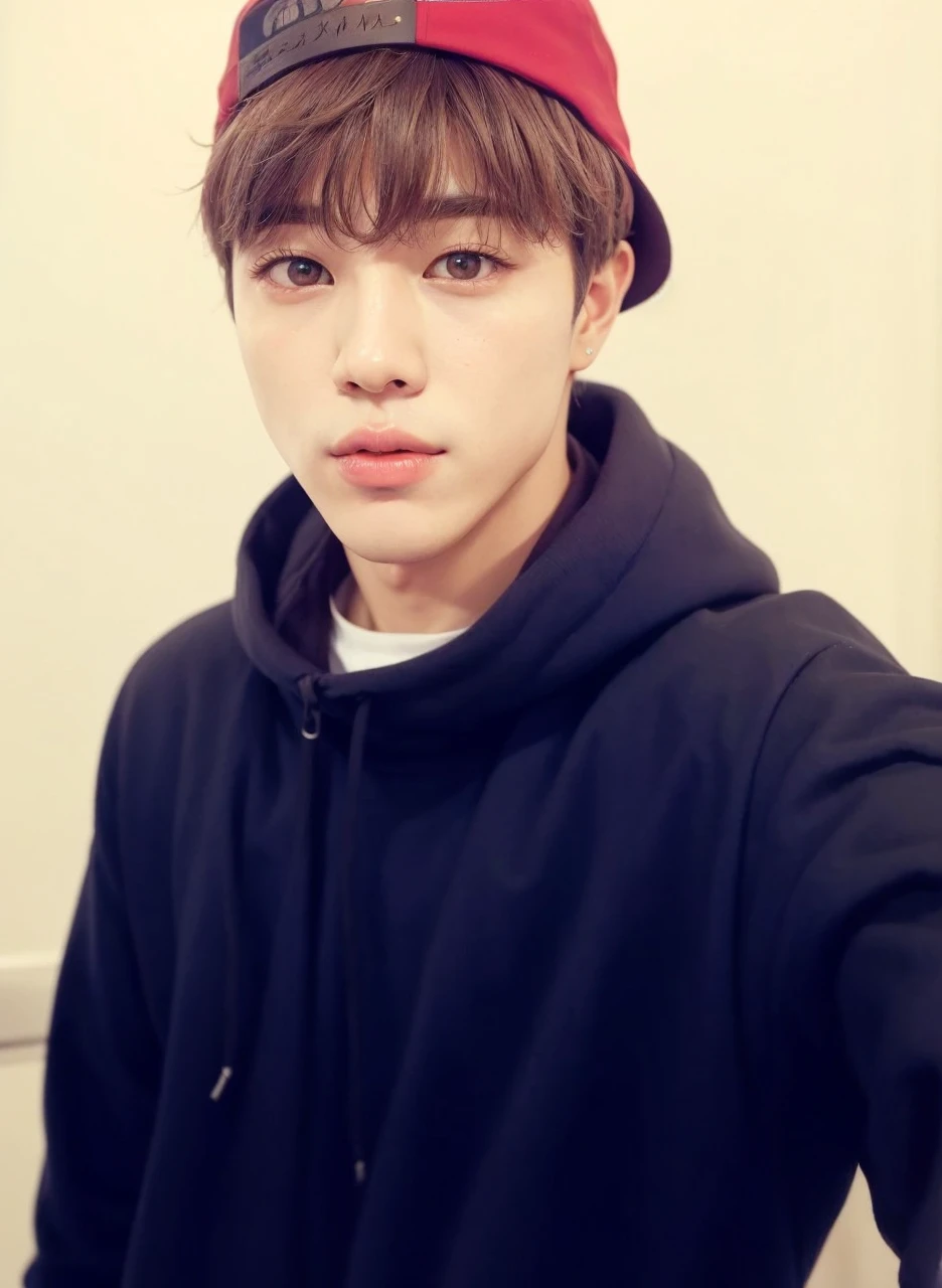 foto de um homem sentado em uma mesa com um laptop, Jimin, park Jimin, Park Jimin, Jimin, accurate Jimin face, adorable and pale korean face, Jimin\the full lips, Jimin\o nariz grego, he is wearing a hat