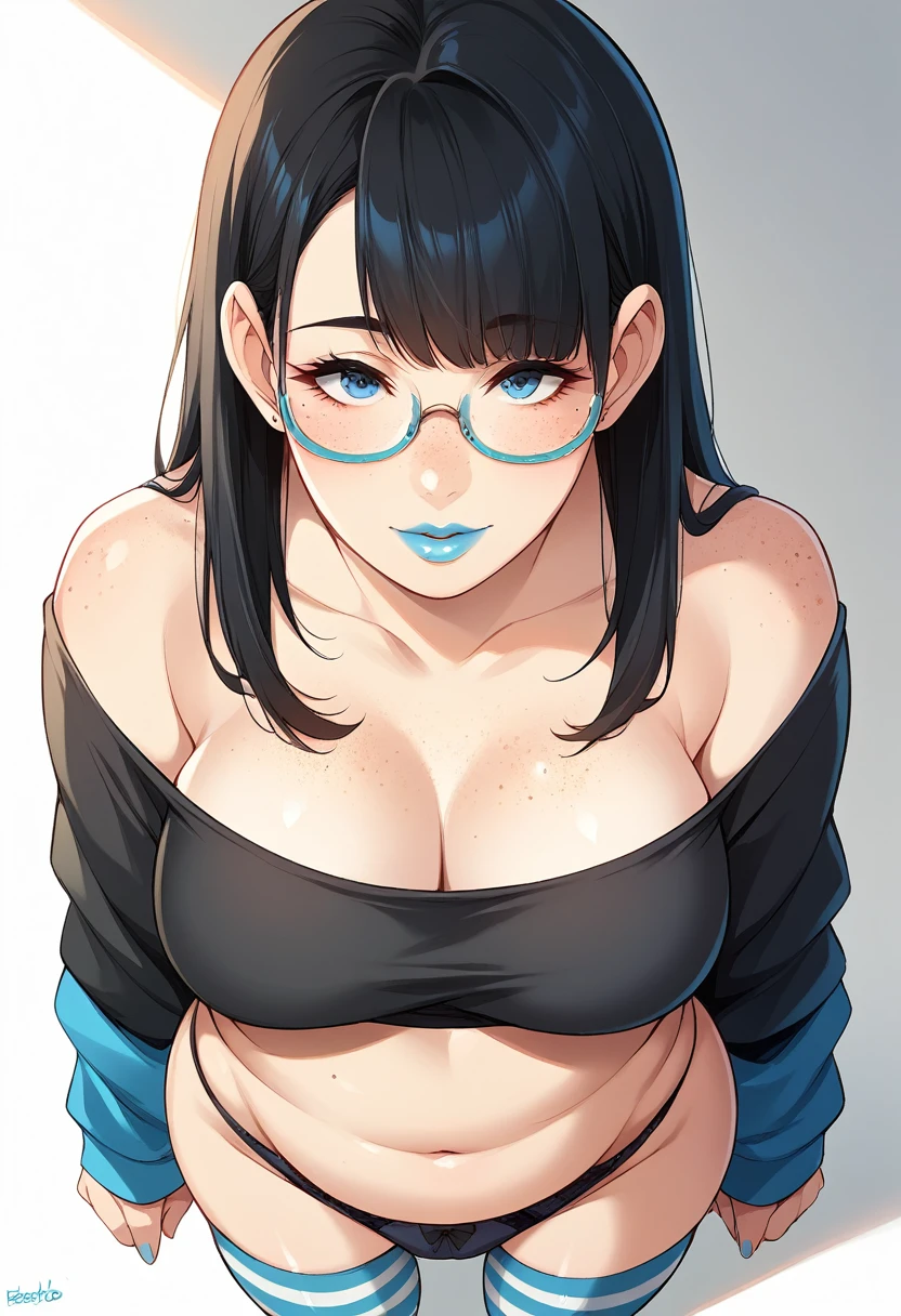 Butcha_artwork style, 1 girl, standing alone, hands, beautiful woman, Asian, thick, Hair Straight bangs, long straight hair, black hair with blue tips, very light blue eyes, light blue lipstick, E-girl, long black blouse, Panties, long striped socks, big glasses, freckles, face piercing on face, Chubby, textures, 8K, perfect hand, perfect anatomy, visible curves, Breasts, View from above 