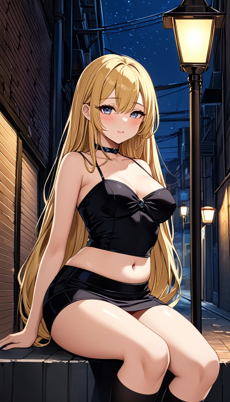 Perfectly shaped、Perfect limbs、High quality、1 girl、Small breasts、Tight body、Curved waist、((Spread legs))、Sitting、blush、((over head shot:1.5)), Staring at me with a seductive look、A face as lustrous as a prostitute、Late at night in a dark alley、Under the street lamp、Super long hair、Blonde、One eye is covered by hair、High heels、Absolute area、zettairyouiki, Plump thighs、clavicle、tubular top、bare navel, Tight, ultra-mini skirt、black thigh-high socks, midnight, 