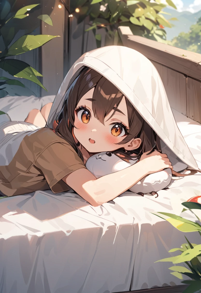 Pokekid, Pokekid, brown Food, Food, One girl, Highest quality, Outdoor, High resolution, cute, lying on the cute bed,