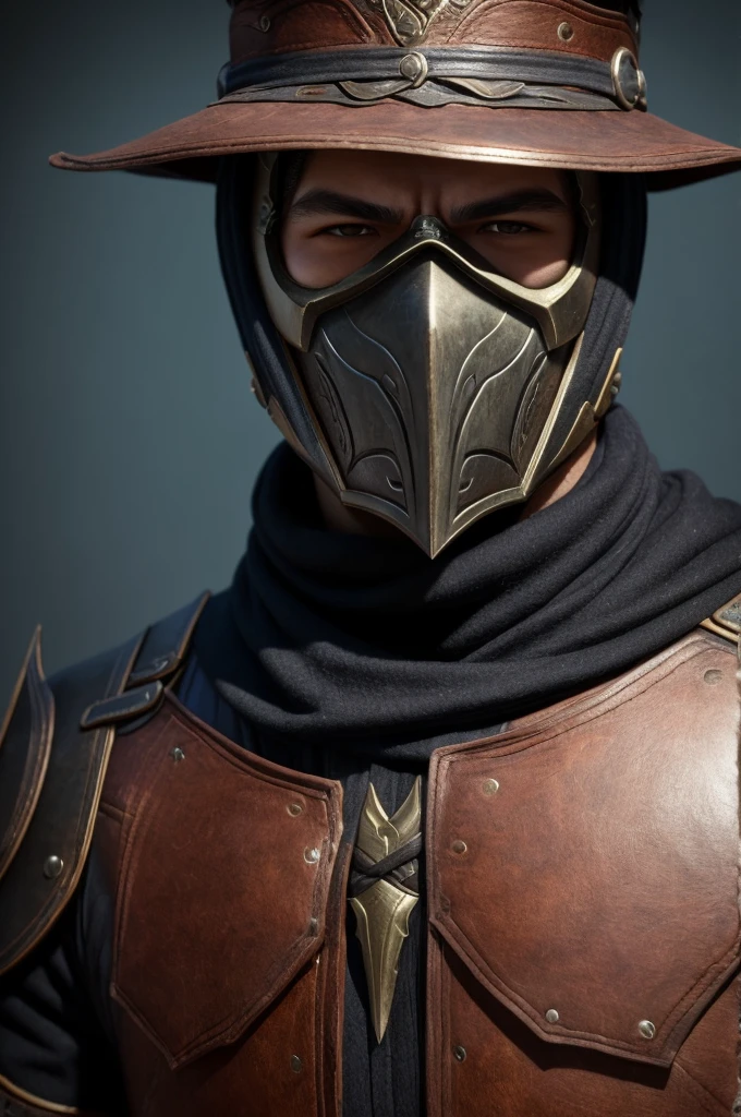 ((Cloth)), ((Armor))((Bone Mask)) (High Detail Skin: 1.2) Close-up of man with hat and mask, Infinity Blades concept art, Infinity Blades armor, shoulder armor, warrior concept art, mortal kombat characters, 8kuhd, dslr, soft light, high quality, film texture ((amateur photo)), white background