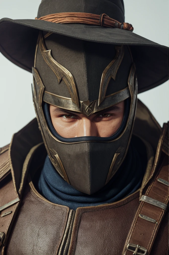 ((Cloth)), ((Armor))((Bone Mask)) (High Detail Skin: 1.2) Close-up of man with hat and mask, Infinity Blades concept art, Infinity Blades armor, shoulder armor, warrior concept art, mortal kombat characters, 8kuhd, dslr, soft light, high quality, film texture ((amateur photo)), white background