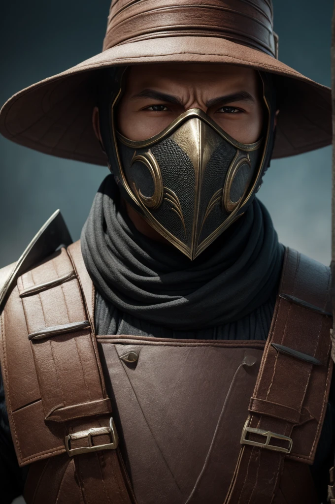 ((Cloth)), ((Armor))((Bone Mask)) (High Detail Skin: 1.2) Close-up of man with hat and mask, Infinity Blades concept art, Infinity Blades armor, shoulder armor, warrior concept art, mortal kombat characters, 8kuhd, dslr, soft light, high quality, film texture ((amateur photo)), white background