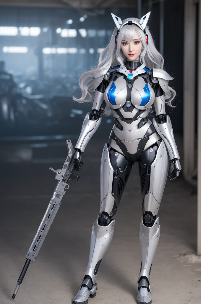 Super Detail, High Detail, high quality, best quality, High resolution,1 female robot,Beautiful female robot,beautiful clear face(Rain waves_haneame:1.5), Realistic, High resolution, Soft Light,Hips up, (Detailed face), silver hair, long hair, Mecha Maiden, mechanical joint, Thick mechanical armor(Highlight breast curves),Weaponry, black metal body, Tech Antenna Helmet