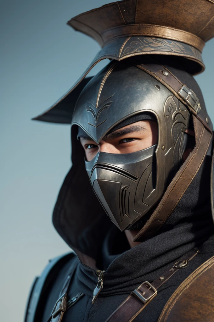 ((Cloth)), ((Armor))((Bone Mask)) (High Detail Skin: 1.2) Close-up of man with hat and mask, Infinity Blades concept art, Infinity Blades armor, shoulder armor, warrior concept art, mortal kombat characters, 8kuhd, dslr, soft light, high quality, film texture ((amateur photo)), white background