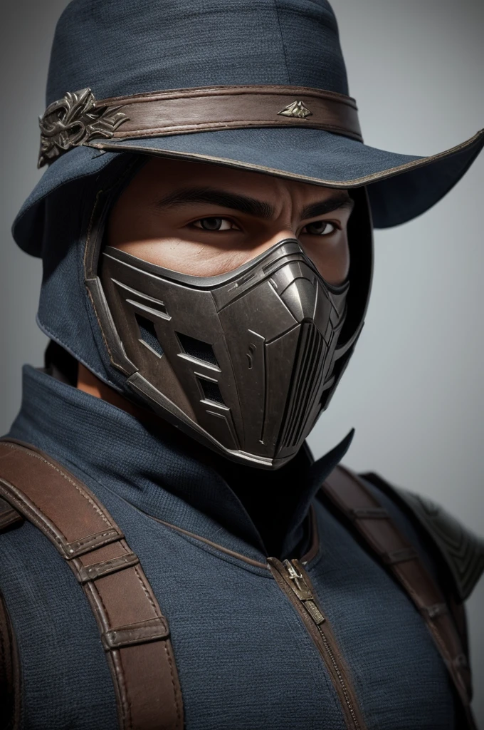 ((Cloth)), ((Armor))((Bone Mask)) (High Detail Skin: 1.2) Close-up of man with hat and mask, Infinity Blades concept art, Infinity Blades armor, shoulder armor, warrior concept art, mortal kombat characters, 8kuhd, dslr, soft light, high quality, film texture ((amateur photo)), white background