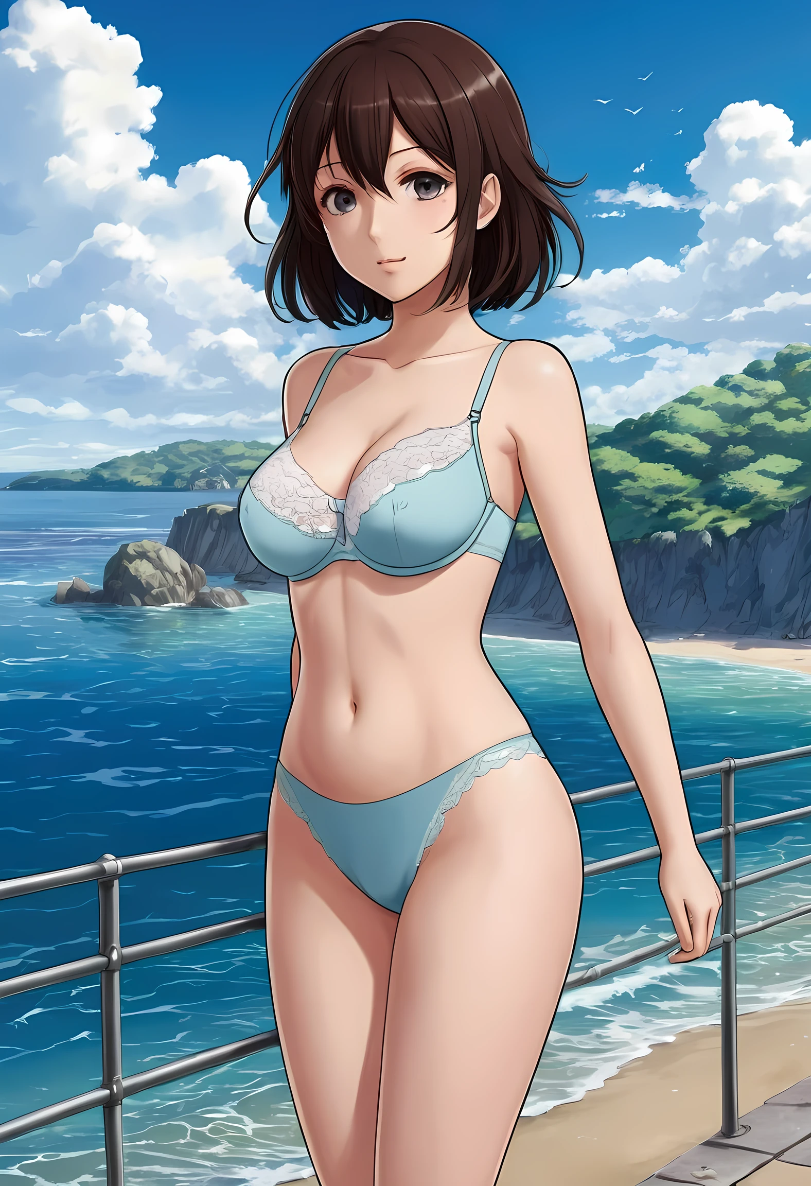 Generate a image of a anime girl standing near a sea where we can see her wearing just a panty and a bra