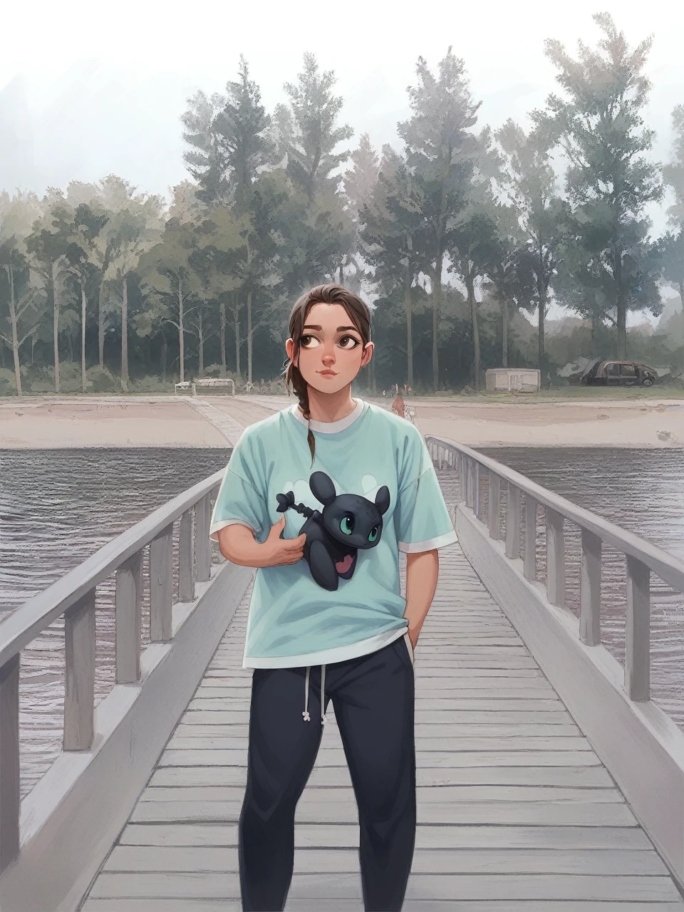 animated style，1 girl，sexy pose looking into the camera ，thick thighedium tits, wavy fur , Brown eyes, puppy pajamas with a stuffed dragon called toothless from how to train your grade 