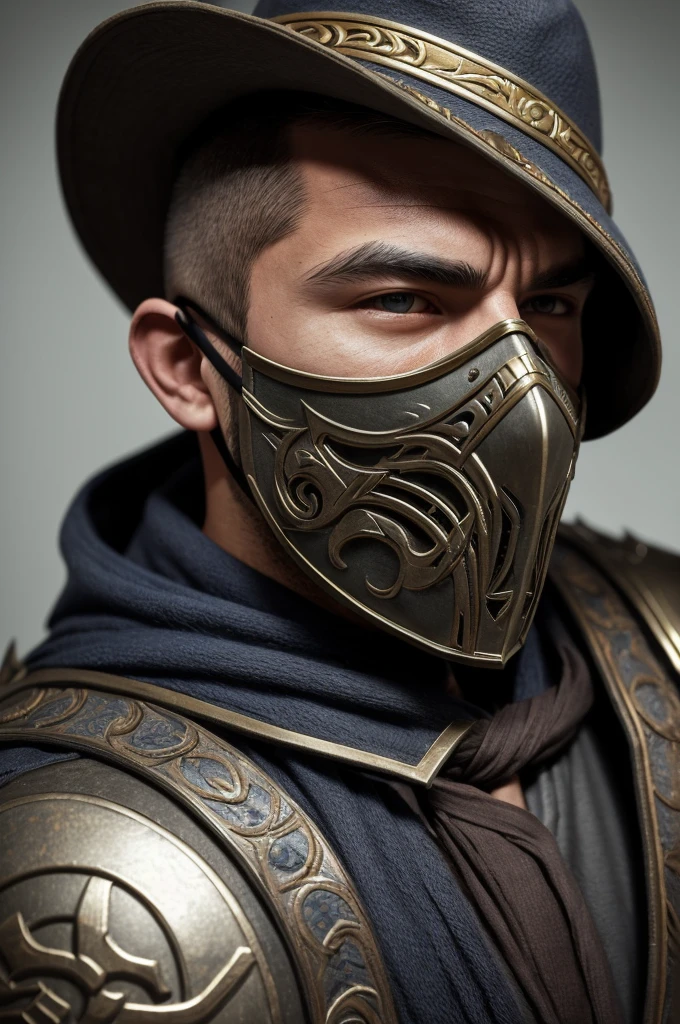 ((Cloth)), ((Armor))((Bone Mask)) (High Detail Skin: 1.2) Close-up of man with hat and mask, Infinity Blades concept art, Infinity Blades armor, shoulder armor, warrior concept art, mortal kombat characters, 8kuhd, dslr, soft light, high quality, film texture ((amateur photo)), white background