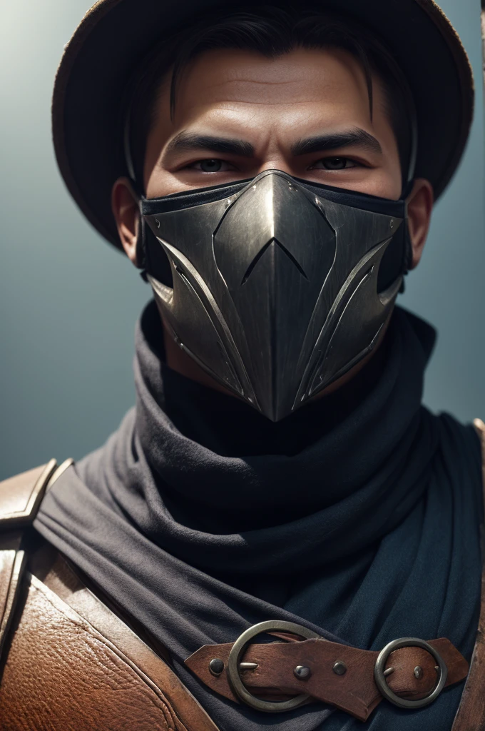 ((Cloth)), ((Armor))((Bone Mask)) (High Detail Skin: 1.2) Close-up of man with hat and mask, Infinity Blades concept art, Infinity Blades armor, shoulder armor, warrior concept art, mortal kombat characters, 8kuhd, dslr, soft light, high quality, film texture ((amateur photo)), white background
