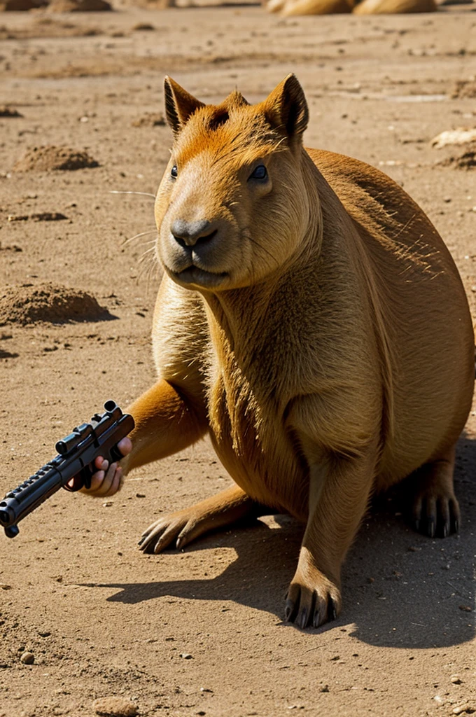 Image of a capybara, pointing a gun