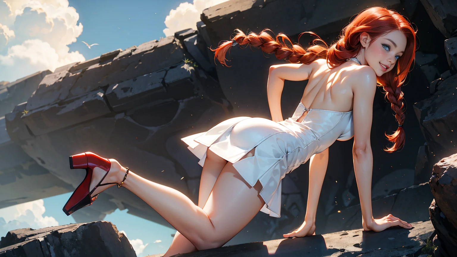 beautiful- back- butt- pert- sexy- short skirt- bare butt- smile- redhead- high heels- blue eyes- hair in braids- thin waist