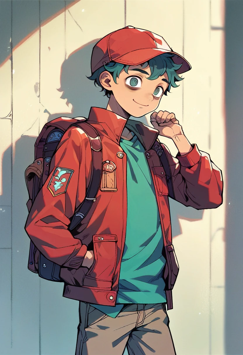 (((Masterpiece))), best quality, cowboy shot, perfect anatomy, realistic face, warm sunlight, painterly 1boy, (((shota))), wavy hair, solo, red jacket, three quarter view, cap, backpack, hand in pocket, light smile, bags under eyes