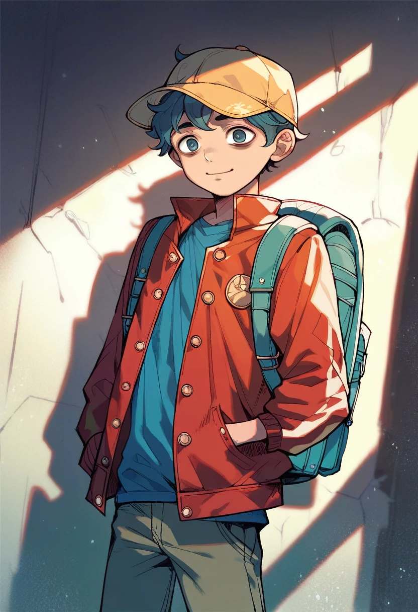 (((Masterpiece))), best quality, cowboy shot, perfect anatomy, realistic face, warm sunlight, painterly 1boy, (((shota))), wavy hair, solo, red jacket, three quarter view, cap, backpack, hand in pocket, light smile, bags under eyes