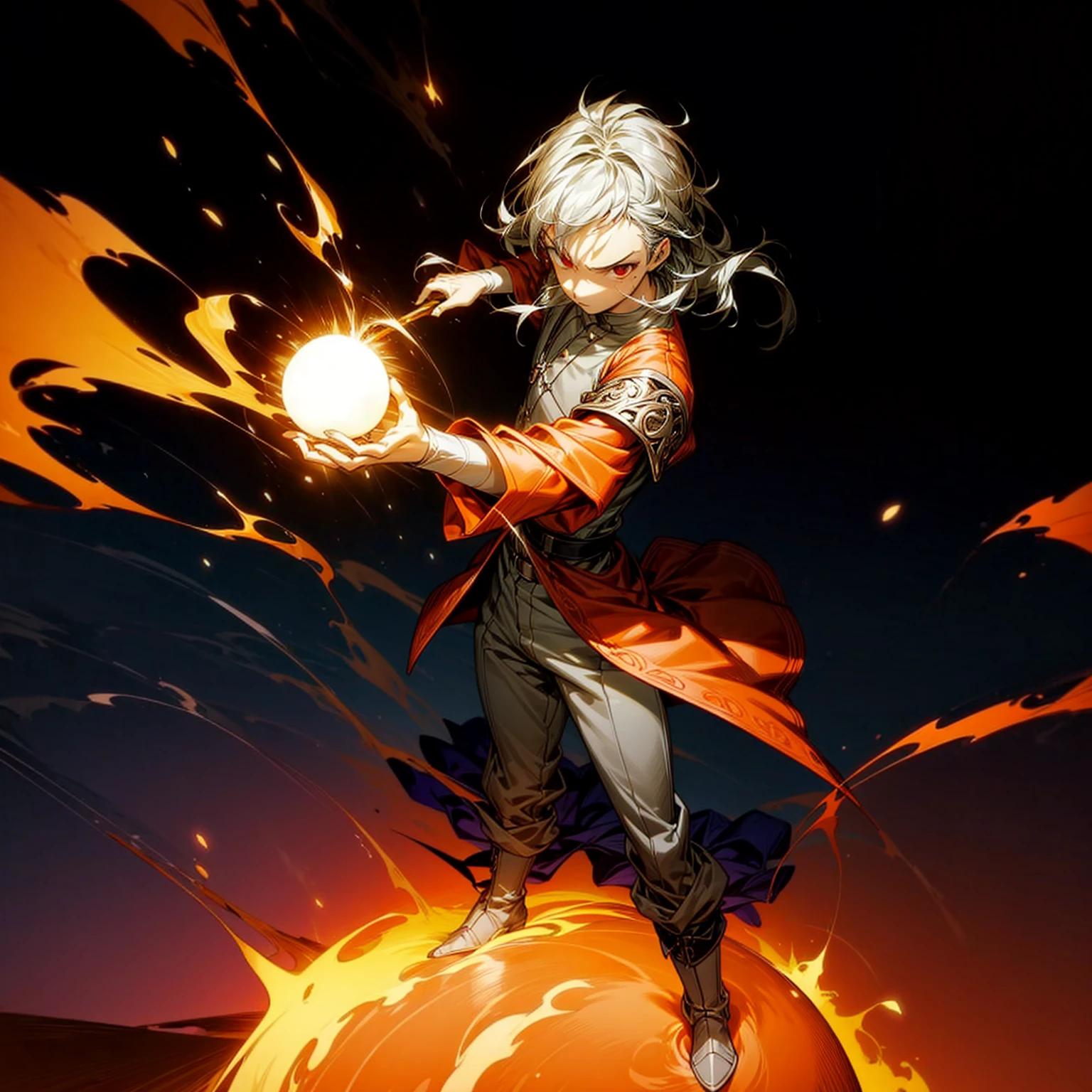 1boy, muscle, Full body version, 1character, red eyes, long haircut, silver colour hair, Ancient Roman clothing, Grassroots, full background in square Castleford, motion blur, lighting, (one piece art), standing gesture, boots, long pants, armors, big ball flame on hand, smoke effect, Fire effect on background, plasma effect, blood on face, high angle view 