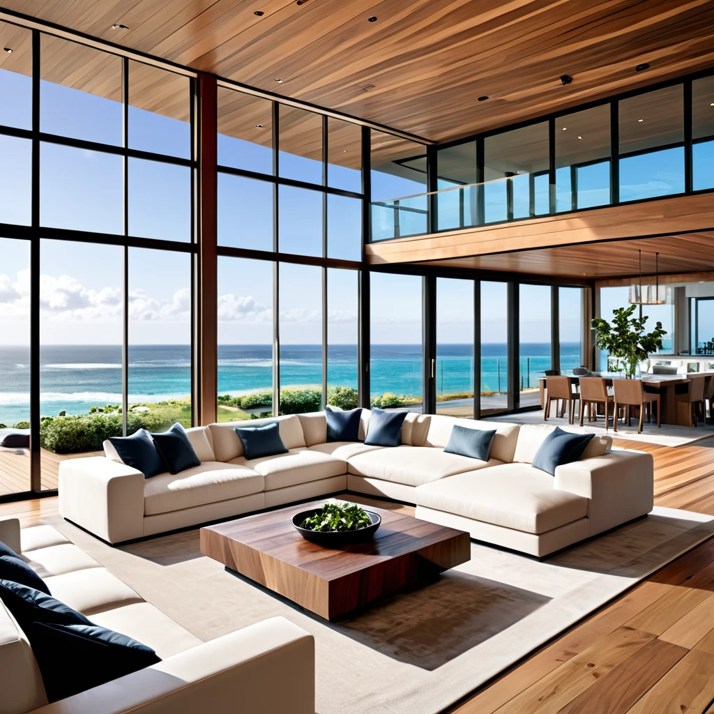 Generate an elegant oceanfront living room with large glass windows offering panoramic ocean views. The space should feature a plush sectional sofa, a sleek indoor pool, and sophisticated wooden flooring. Incorporate modern, high-end furniture with warm, ambient lighting to create a cozy and luxurious atmosphere. Add natural decor elements like potted plants and wooden accents to blend the indoor space with the outdoor scenery. The design should exude elegance, comfort, and a seamless connection with the ocean view.
