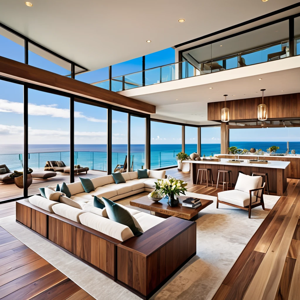 Generate an elegant oceanfront living room with large glass windows offering panoramic ocean views. The space should feature a plush sectional sofa, a sleek indoor pool, and sophisticated wooden flooring. Incorporate modern, high-end furniture with warm, ambient lighting to create a cozy and luxurious atmosphere. Add natural decor elements like potted plants and wooden accents to blend the indoor space with the outdoor scenery. The design should exude elegance, comfort, and a seamless connection with the ocean view.
