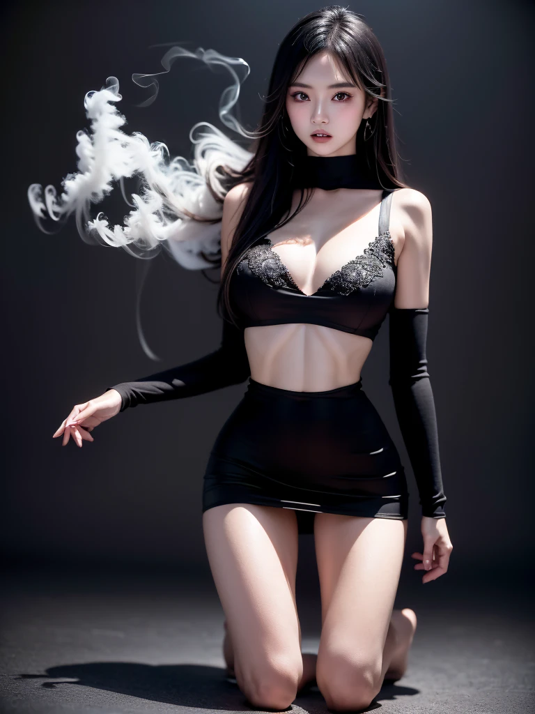 Surreal version of young Japanese beauty kneeling down on one knee, futuristic background, Japanese ninja, long hair, black short dress showing navel, black short skirt, cool colors, very intricate details, realistic lighting, facing the camera, surreal Detail, full body portrait, global illumination, 8k, HDR, ultra-high resolution, depth of field, maximum clarity and sharpness, multi-layered textures, light and material interaction, wide aperture, low ISO, smoke background.