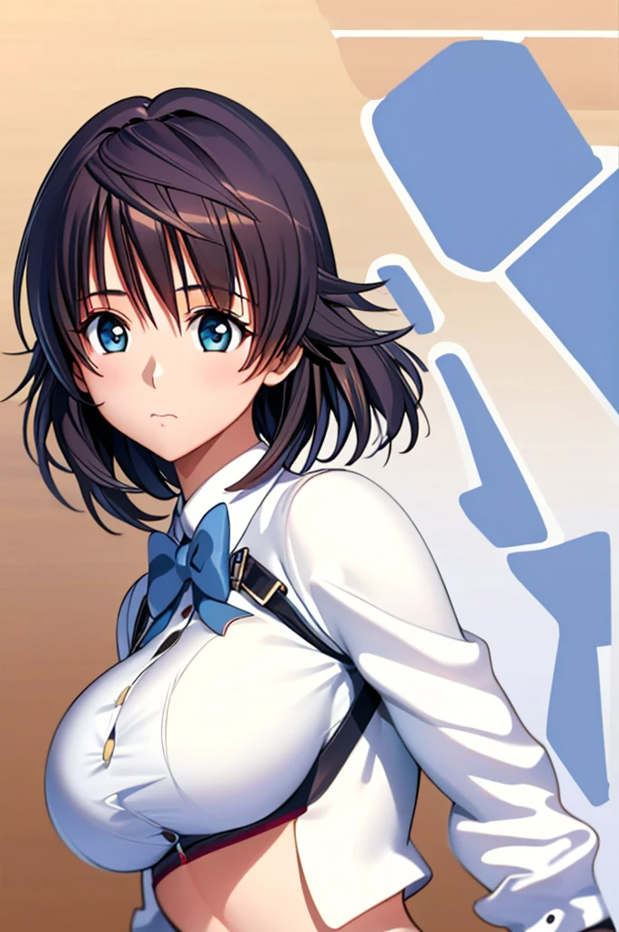 1girl, uniform, combat uniform, robot, heroine, confrontation scene, cool, big breasts, dark heroine, belly button exposed