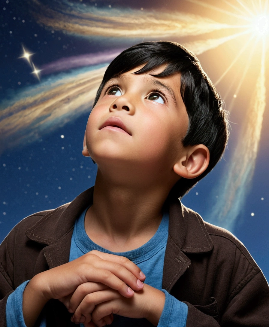  a 10 year old boy with black hair looking up at the sky 