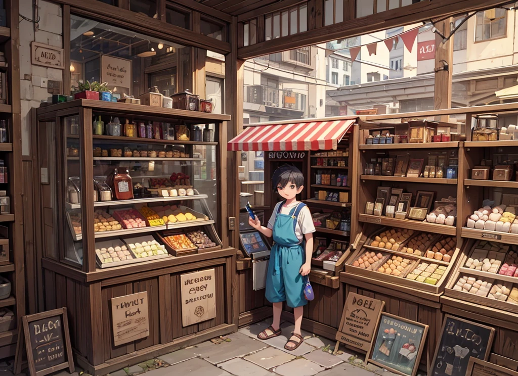 In sweet shop a young boy shopkeeper who stand in his shop and he gave a packet of a sweets to a villager young boy who pick the pack of sweets from shopkeeper . Capture this scene closely