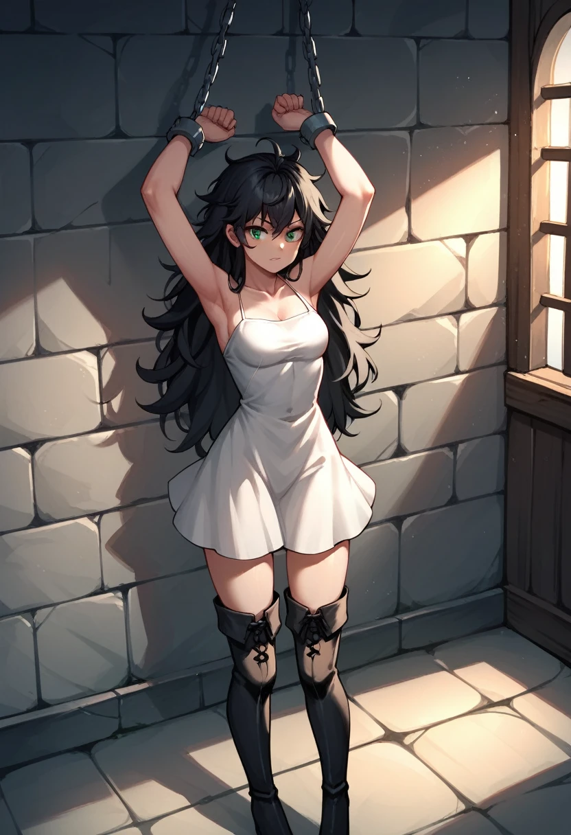 score_9, score_8_up, score_7_up, score_6_up, score_5_up, score_4_up, source_anime, 1 girl, worth, black hair, long hair, green eyes, w-w-chain, shackles, raise arms, messy hair, dress, thigh high boots, dungeon, best quality, best res, 4K UHD,