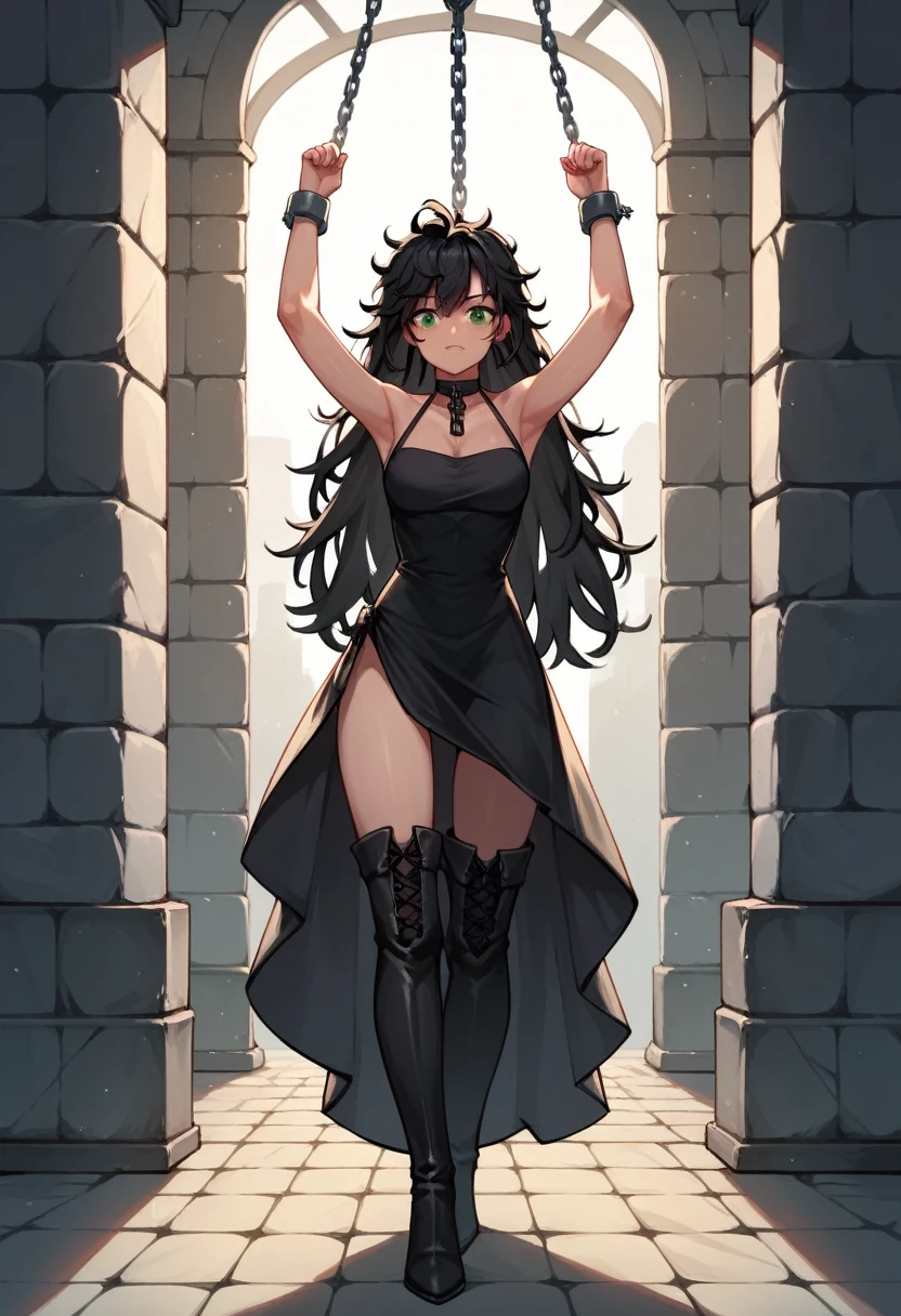 score_9, score_8_up, score_7_up, score_6_up, score_5_up, score_4_up, source_anime, 1 girl, worth, black hair, long hair, green eyes, w-w-chain, shackles, raise arms, messy hair, dress, thigh high boots, dungeon, best quality, best res, 4K UHD,
