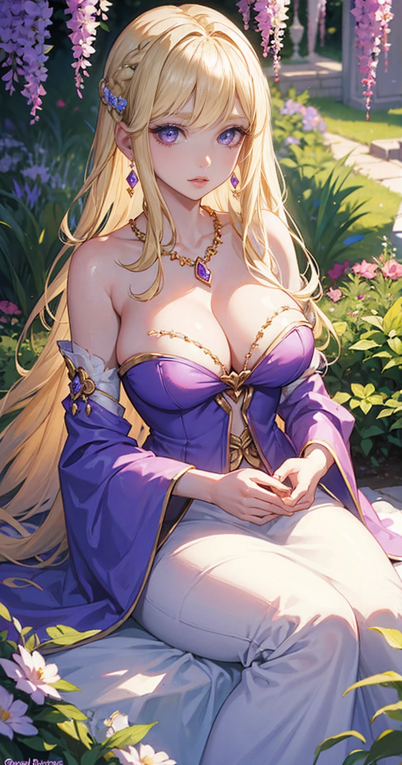 one princess, Blonde, Purple eye color, light makeup, , lucrative, soft lips, Pale skin, clean skin, Long eyelashes, earrings and necklaces, in the garden, long hair, princess dress