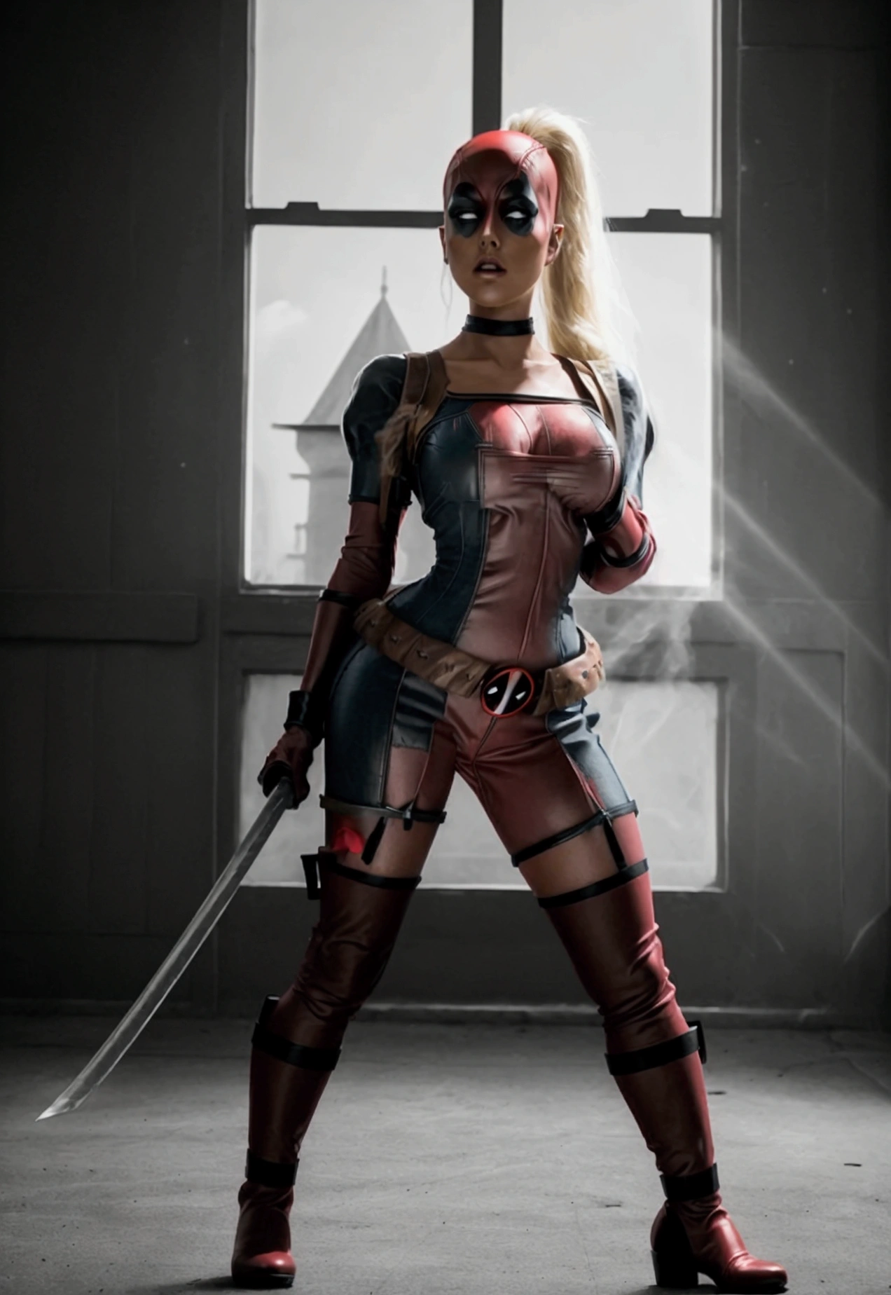 Beautiful and sensual Lady Deadpool in red and black gothic warrior. Lady Deadpool, black shirt with striped sleeves, denim jacket, denim shorts, denim skirt, black stockings, brown boots, mid riff, white gloves, long blonde hair, ,ruanyi0788,garter belt,garter straps,lingerie,latex,underboob,black bra,thigh strap, bandeau, harem outfit,detached sleeves, bridal gauntlets, red footwear