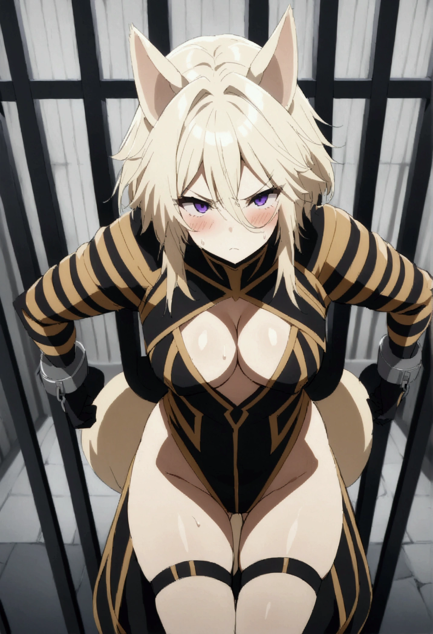 NSFW,masterpiece,Highest quality,High resolution,Very detailed,Zeta\(I want to be a powerful figure behind the scenes！\),Zeta,Animal ears、Purple Eyes、Blonde,short hair,gloves、Cleavage、tail、黒いgloves、Clothing cutouts、Cleavageの切り抜き,Both arms are handcuffed,Glare,Angry face,blush,prison,Jail,In the cage