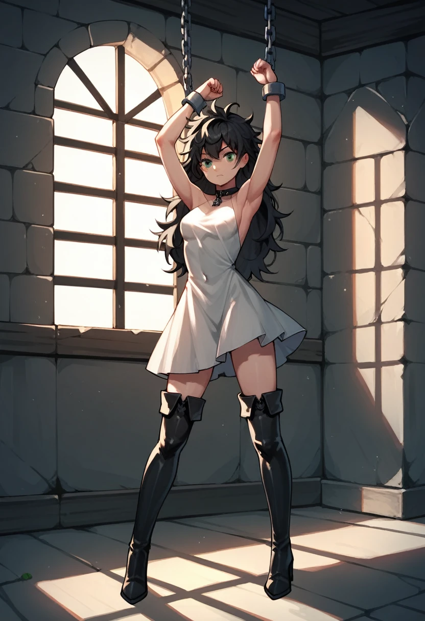 score_9, score_8_up, score_7_up, score_6_up, score_5_up, score_4_up, source_anime, 1  girl, worth, black hair, long hair, green eyes, w-w-chain, shackles, raise arms, messy hair, dress, thigh high boots, dungeon, best quality, best res, 4K UHD,
 