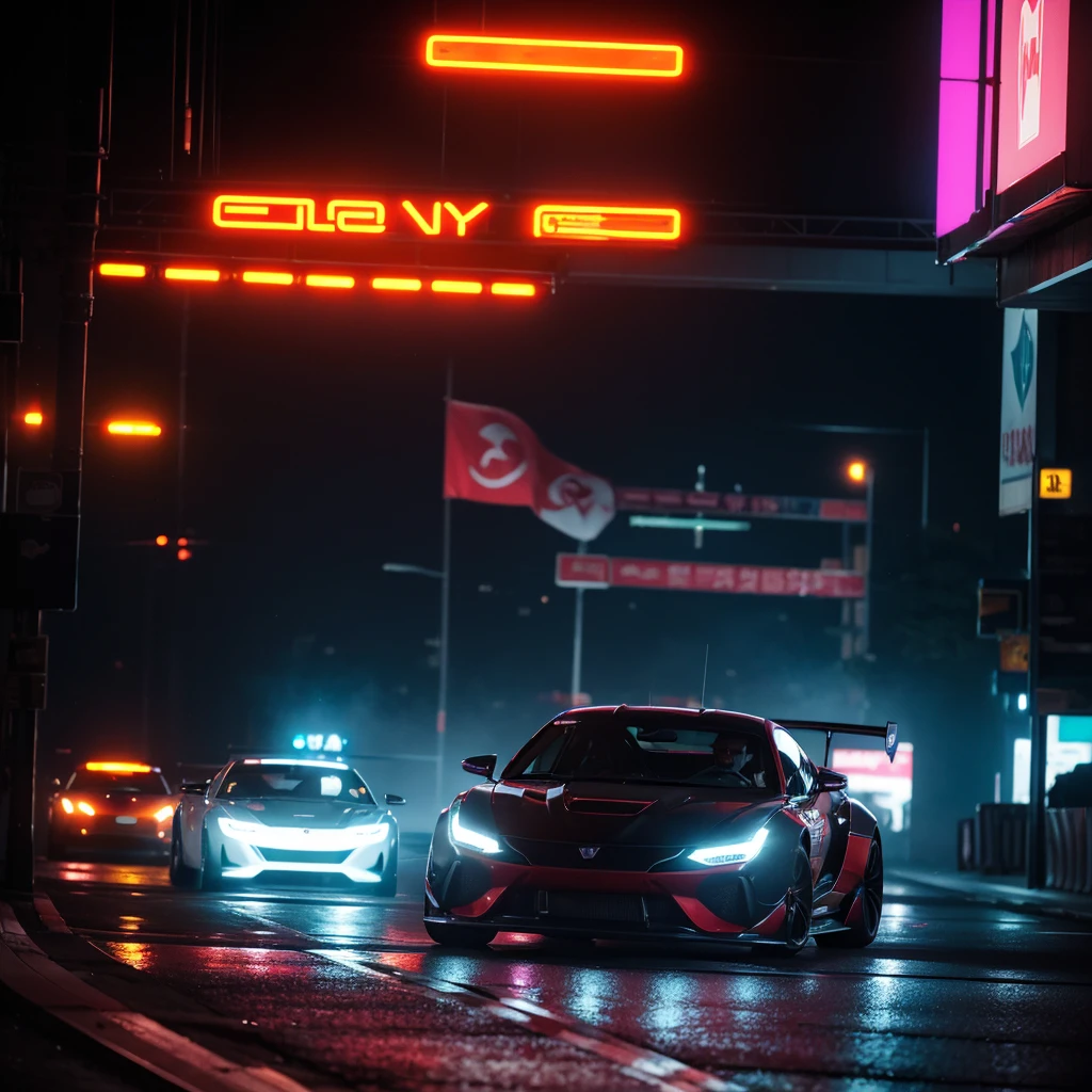 "Cover of a drift phonk track featuring fast, sports car drifting in a corner. Tło to futurystyczne miasto nocą z neonowymi światłami i wysokimi wieżowcami. Reflections of lights and smoke rising from under the wheels are visible on the street. The art style should be dynamic and neon, with intense colors and contrasts, reflecting the energy and atmosphere of night driving. The atmosphere is slightly dystopian, cyberpunk"
