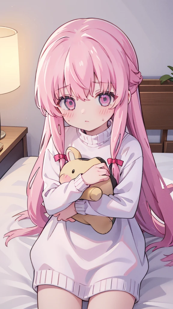 1girl solo pink hair, pink eyes with love, detailed eyes, cute eyes, straight hair, long hair, straight bangs, shiny hair, oversized white comfy sweater, hugging a stuffed toy bunny sleeping, closed eyes, sleeping side way on a white bed with a pink pillow, dark beacause its night, the only thing that have light is the lamp, high-definition,masterpiece, masterpiece, best quality, high resolution, aabeta, cute, close up photo(PastelColors: 1.3)