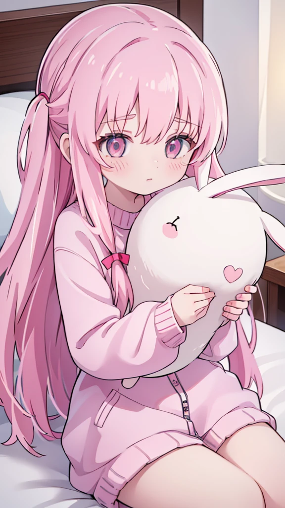 1girl solo pink hair, pink eyes with love, detailed eyes, cute eyes, straight hair, long hair, straight bangs, shiny hair, oversized white comfy sweater, hugging a stuffed toy bunny sleeping, closed eyes, sleeping side way on a white bed with a pink pillow, dark beacause its night, the only thing that have light is the lamp, high-definition,masterpiece, masterpiece, best quality, high resolution, aabeta, cute, close up photo(PastelColors: 1.3)