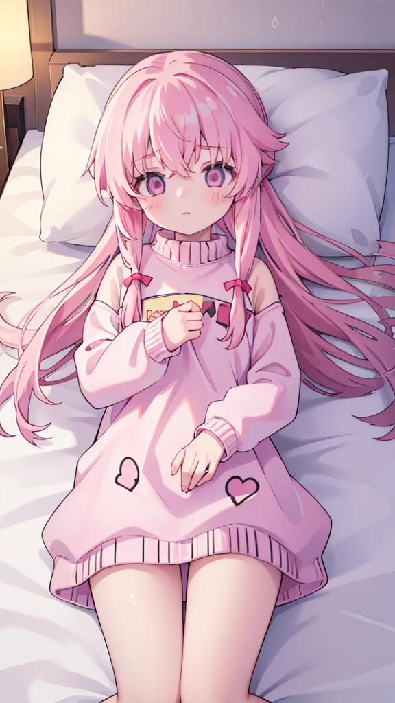 1girl solo pink hair, pink eyes with love, detailed eyes, cute eyes, straight hair, long hair, straight bangs, shiny hair, oversized white comfy sweater, hugging a stuffed toy bunny sleeping, closed eyes, sleeping side way on a white bed with a pink pillow, dark beacause its night, the only thing that have light is the lamp, high-definition,masterpiece, masterpiece, best quality, high resolution, aabeta, cute, close up photo(PastelColors: 1.3)