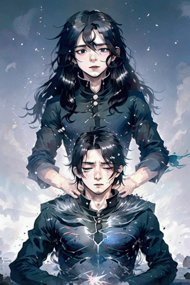 A age boy with long black hair is lying unconscious on the stone floor, everything is shrouded in fog.The guy opens his eyes a little