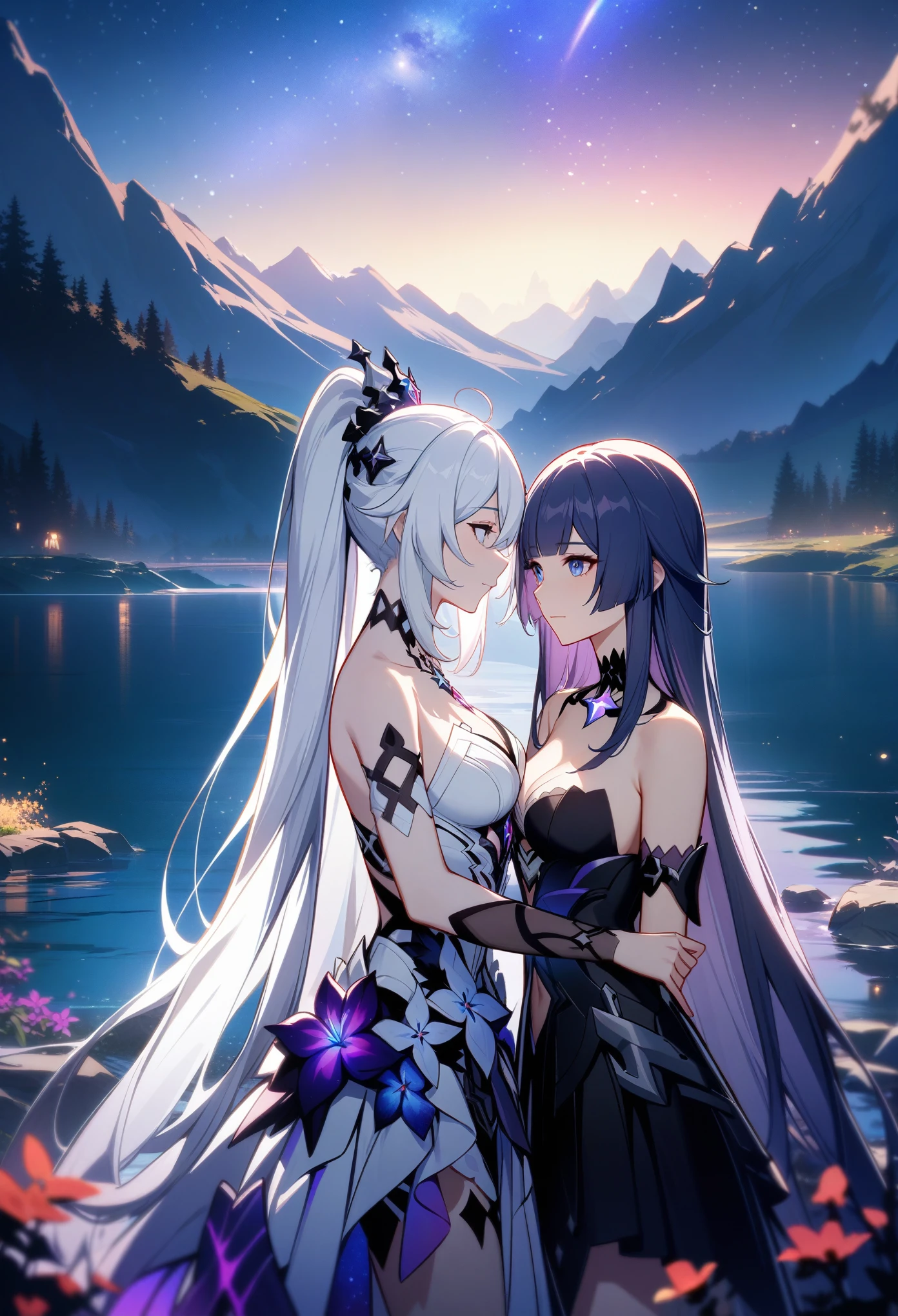 a beautiful detailed yuri scene of 2girls, Kiana Kaslana \(Herrscher of Finality)\ and Raiden Mei \(APHO)\, (Honkai Impact 3rd), very long hair, ponytail, in a scenic landscape with mountains, a lake, and a starry nebula sky, romantic atmosphere, head another's shoulders, (best quality,4k,8k,highres,masterpiece:1.2),ultra-detailed, studio lighting, extremely detailed environment, vibrant colors, cinematic lighting