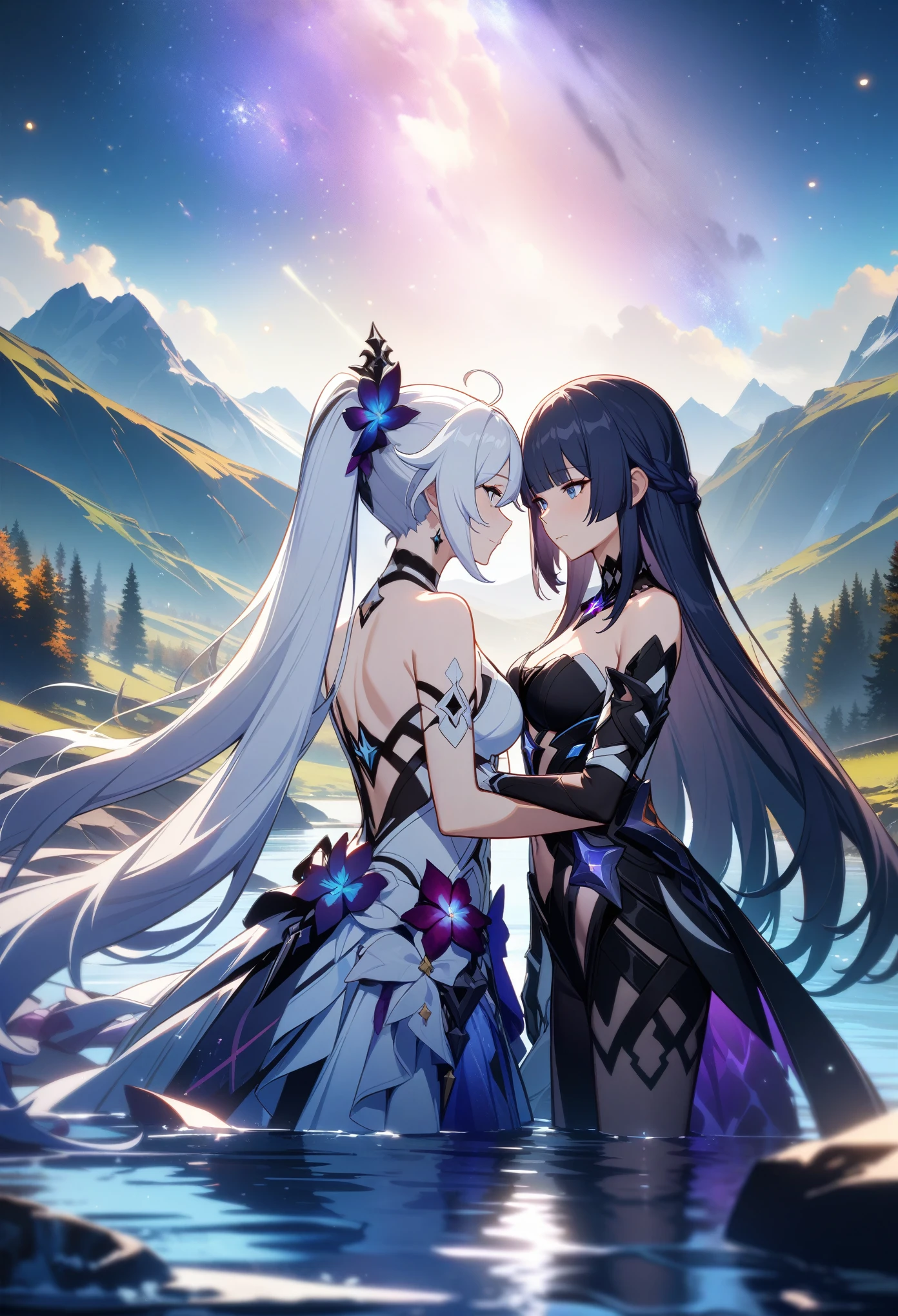 a beautiful detailed yuri scene of 2girls, Kiana Kaslana \(Herrscher of Finality)\ and Raiden Mei \(APHO)\, (Honkai Impact 3rd), very long hair, ponytail, in a scenic landscape with mountains, a lake, and a starry nebula sky, romantic atmosphere, head another's shoulders, (best quality,4k,8k,highres,masterpiece:1.2),ultra-detailed, studio lighting, extremely detailed environment, vibrant colors, cinematic lighting