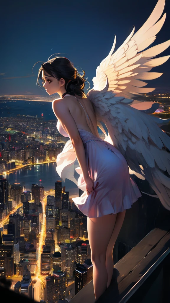 This image depicts an angel woman hovering over a city at night. The city lights create a golden and dramatic atmosphere, while its delicate presence and dark wings contrast with the urban environment. The woman seems protective and vigilant.
