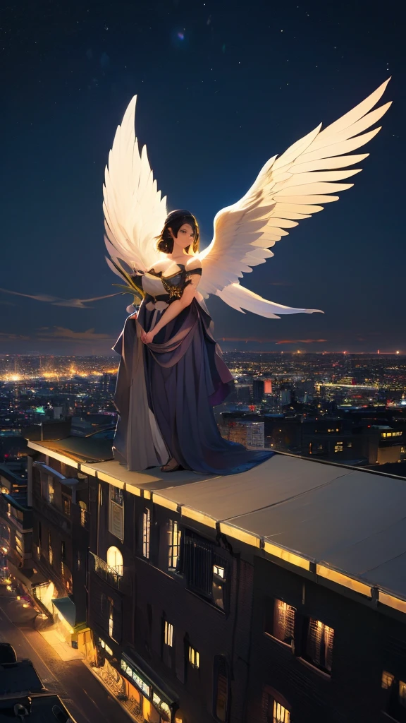 This image depicts an angel woman hovering over a city at night. The city lights create a golden and dramatic atmosphere, while its delicate presence and dark wings contrast with the urban environment. The woman seems protective and vigilant.