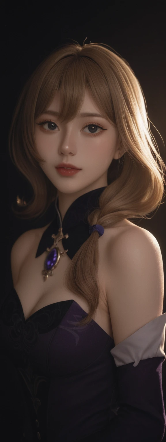  score_9, score_8_up, score_7_up, score_6_up,
 1girl, solo, from front, upper body, Lisa  \(genshin impact\), black background, makeup, sidelighting, backlighting, glowing, 