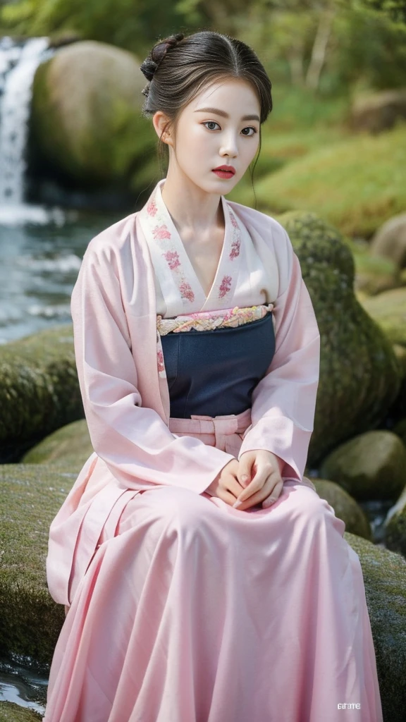 ((top quality, 8k, masterpiece: 1.3)),    beauty.   hidden face.     body slim thin seductive.  ((Queen's Mother. Korean royal empress)),     very detailed lips,     detailed eyes,     double eyelid,    face with makeup.    lipstick.     hair accessories,      hair bun.

((Wet hanbok)),

long legs_whole body.    sit down.     on the rocks.     at the edge of the waterfall