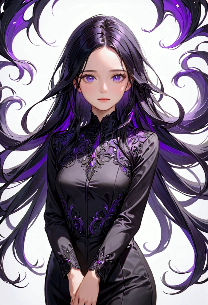 young woman with long, flowing black hair that has purple highlights. She has deep violet eyes and a serene expression. She is wearing an elegant black outfit. 