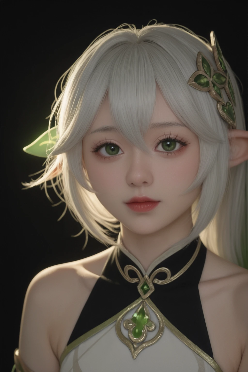 realistic, score_9, score_8_up, score_7_up, score_6_up,
1girl, solo, from front, upper body, Nahida \(genshin impact\), black background, makeup, sidelighting, backlighting, glowing,
