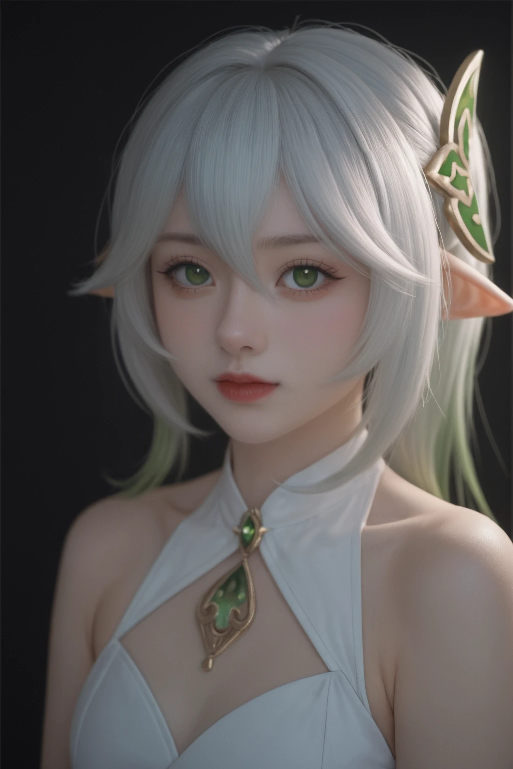realistic, score_9, score_8_up, score_7_up, score_6_up,
1girl, solo, from front, upper body, Nahida \(genshin impact\), black background, makeup, sidelighting, backlighting, glowing,