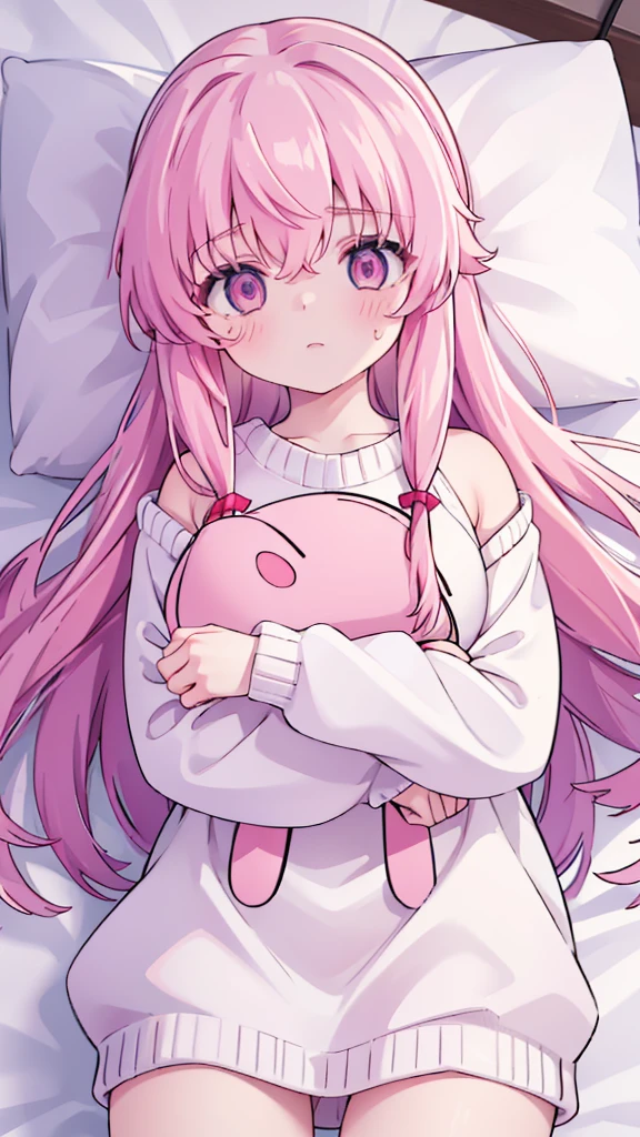 1girl solo pink hair, pink eyes with love, detailed eyes, cute eyes, straight hair, long hair, straight bangs, shiny hair, oversized white comfy sweater, hugging a stuffed toy bunny sleeping, closed eyes, sleeping side way on a white bed with a pink pillow, dark beacause its night, the only thing that have light is the lamp, high-definition,masterpiece, masterpiece, best quality, high resolution, aabeta, cute, close up photo(PastelColors: 1.3)